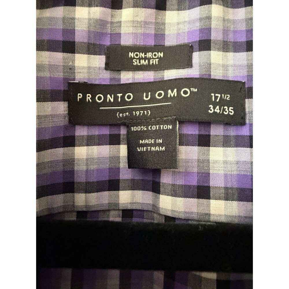 Pronto UOMO Non Iron Slim Shirt Purple Check Casual Button Up Long Sleeve 17.5